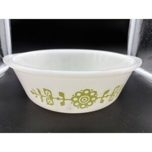 Vintage‎ Glass Bake Casserole Dish Green Floral Milk Glass